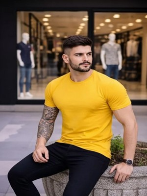 Efnaz Style Erkek T-Shirt Bisiklet Yaka Slim Fit Dar Kesim Likralı Tişört Günlük Basic Body - Sarı