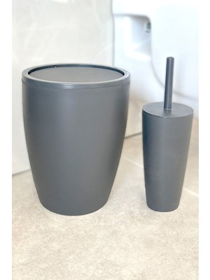 PremiumPort Pratik Banyo Seti: 2'li Çöp Kovası ve Tuvalet Fırçası, Şık Gri Renk