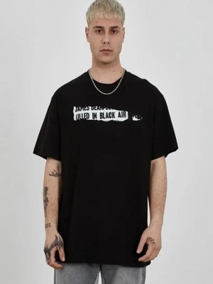 Efnaz Style Unisex Bisiklet Yaka Baskılı Oversize T-Shirt - Siyah