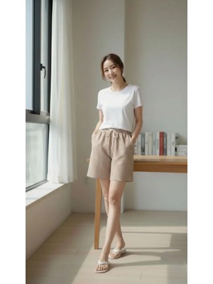 Efnaz Style Pötikareli Şort – Beli Lastikli Bağcıklı, Cepli, Rahat Kesim Günlük Yazlık Şort - Bej