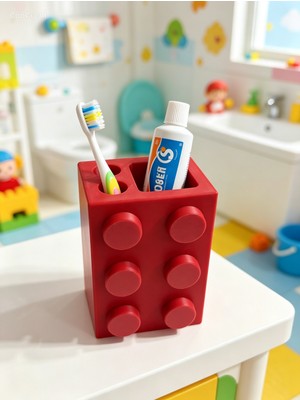 Major Hobi Yapı Oyun Bloğu Tasarımlı Dekoratif Diş Fırçalık ve Macunluk - Çocuk Banyo Düzenleyici - Kırmızı