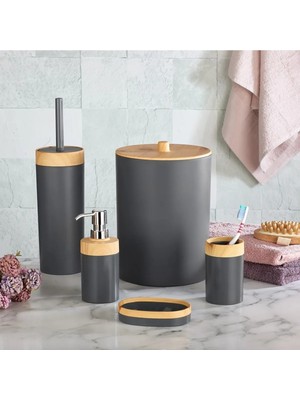 PremiumPort Bambu Desenli Gri 5'li Banyo Seti Çöp Kovası, Sıvı Sabunluk, Diş Fırçalık