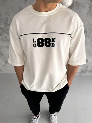 Efnaz Style Unisex Bisiklet Yaka Baskılı Oversize T-Shirt - Beyaz