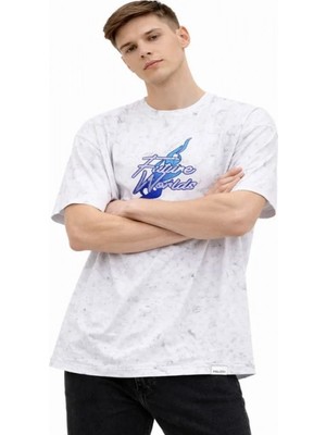 Efnaz Style Erkek Asit Yıkamalı Oversize Tişört Future Worlds Baskılı Bisiklet Yaka Kısa Kollu Streetwear %100 Pamuk Street Style T-Shirt - Beyaz