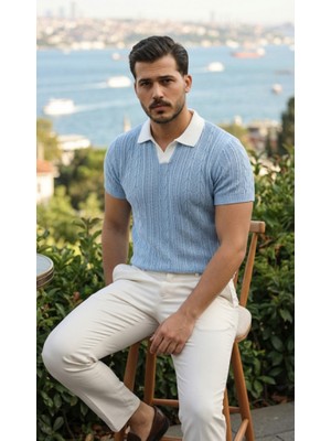 Efnaz Style Erkek Desenli Kısa Kollu Triko Tişört - %100 Pamuk Akrilik