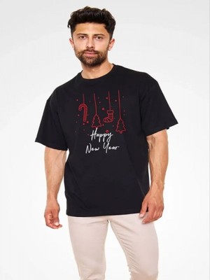 Efnaz Style Unisex Bisiklet Yaka Baskılı Oversize T-Shirt - Siyah