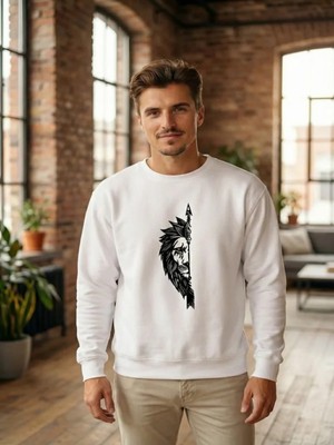 Efnaz Style Sevgililer Günü Özel Bisiklet Yaka Aslan Baskılı Oversize Sweatshirt - Beyaz