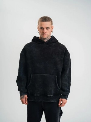 Efnaz Style Unisex Uzun Kol Kapşonlu Yıkamalı Nakışlı Sweatshirt - Siyah