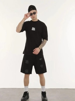 Efnaz Style Unisex Bisiklet Yaka Baskılı Oversize T-Shirt - Siyah