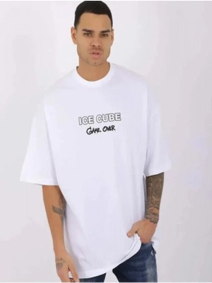 Efnaz Style Unisex Bisiklet Yaka Baskılı Oversize T-Shirt - Beyaz