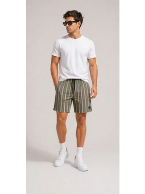 Efnaz Style Erkek Çizgili Yazlık Şort Dokuma Kumaş Lastikli Bel Cepli Rahat Kesim - Haki