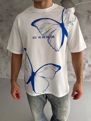 Efnaz Style Unisex Bisiklet Yaka Baskılı Oversize T-Shirt - Beyaz