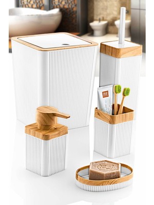 PremiumPort 5'li Beyaz Ahşap Desenli Çizgili Lüks Banyo Seti