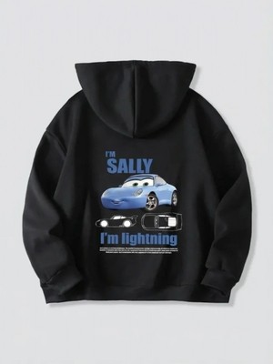 Efnaz Style Sevgililer Günü Özel Kapüşonlu Araba Baskılı Oversize Sweatshirt - Siyah