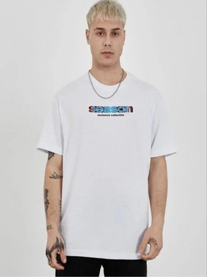 Efnaz Style Unisex Bisiklet Yaka Baskılı Oversize T-Shirt - Beyaz