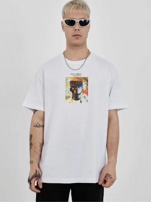 Efnaz Style Unisex Bisiklet Yaka Baskılı Oversize T-Shirt - Beyaz