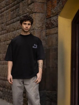 Efnaz Style Unisex Bisiklet Yaka Baskılı Oversize T-Shirt - Siyah