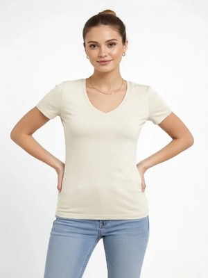 Efnaz Style T-Shirt V Yaka Slim Fit Likralı Tişört Günlük Basic Body - Taş