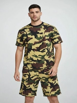 Efnaz Style Erkek Kamuflaj Desenli Tişört Şort Takım – Regular Fit Günlük Spor 2’li Yazlık Kombin - Kamuflaj