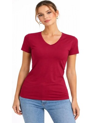 Efnaz Style T-Shirt V Yaka Slim Fit Likralı Tişört Günlük Basic Body - Bordo