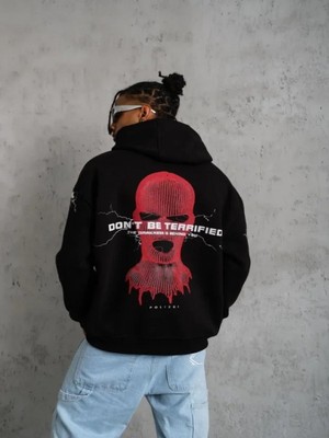 Efnaz Style Erkek Oversize Üç Iplik Kapüşonlu Sweatshirt – Siyah “don’t Be Terrified” Ön, Sırt ve Kol Baskılı, Kanguru Cepli, Ribanalı Rahat Model- Siyah