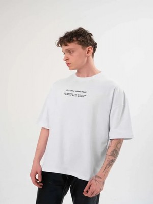 Efnaz Style Unisex Bisiklet Yaka Baskılı Oversize T-Shirt - Beyaz