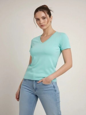 Efnaz Style T-Shirt V Yaka Slim Fit Likralı Tişört Günlük Basic Body - Turkuvaz
