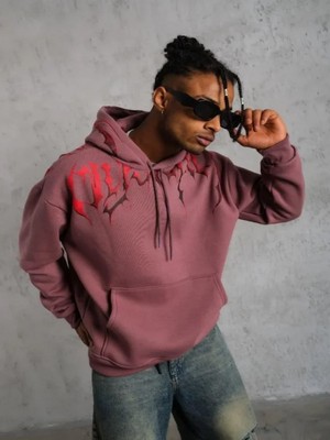 Efnaz Style Erkek Ön ve Arka Baskılı Kapüşonlu 3 Iplik Sweatshirt - Gül Kurusu