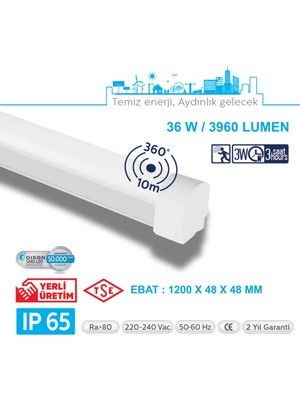 Teletek LED Etanj 36W Radar Hareket ve Acil Durum Kitli  - Otopark, Depo ve Garaj Tipi - Su Geçirmez Tavan Lambası