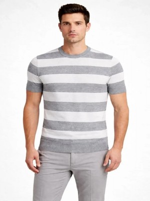 Efnaz Style Erkek T-Shirt Çizgili Triko Dokuma Bisiklet Yaka Tişört - Gri