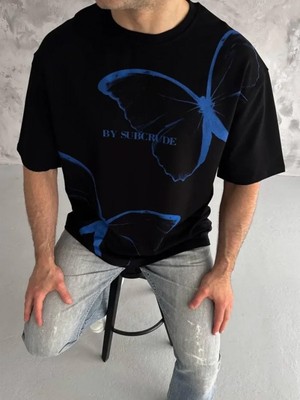Efnaz Style Unisex Bisiklet Yaka Baskılı Oversize T-Shirt - Siyah