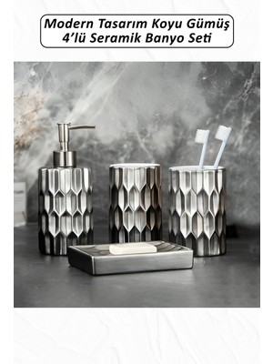 PremiumPort Koyu Gümüş Seramik Banyo Seti, Modern Tasarım, 4 Parça