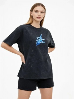 Efnaz Style Asit Yıkamalı Oversize Tişört Future Worlds Baskılı Bisiklet Yaka Kısa Kollu Streetwear %100 Pamuk Street Style T-Shirt - Siyah