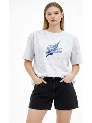 Efnaz Style Asit Yıkamalı Oversize Tişört Future Worlds Baskılı Bisiklet Yaka Kısa Kollu Streetwear %100 Pamuk Street Style T-Shirt - Beyaz