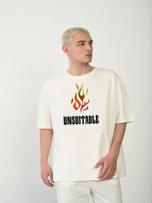 Efnaz Style Unisex Bisiklet Yaka Baskılı Oversize T-Shirt - Beyaz
