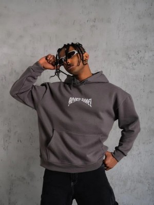 Efnaz Style Erkek Kordon Ipli Baskılı Kapüşonlu Sweatshirt - Füme