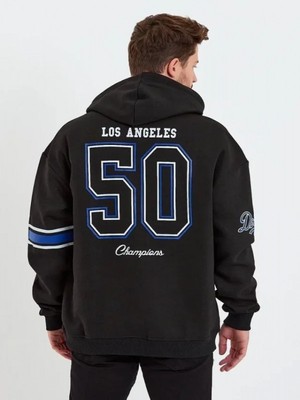 Efnaz Style Erkek Baskılı Kapşonlu Üç Iplik Oversize Sweatshirt - Siyah