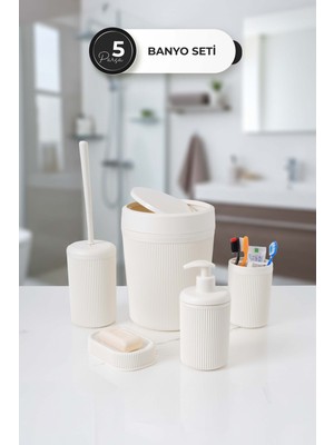 PremiumPort 5 Parça Plastik Banyo Seti: Çöp Kovası, Fırça, Sabunluk, Diş Fırçalık