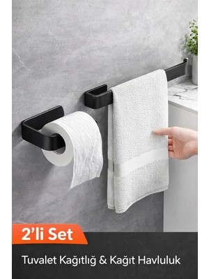 PremiumPort Şık Siyah Metal Banyo Aksesuar Seti 2'li, Tuvalet Kağıtlığı ve Havluluk