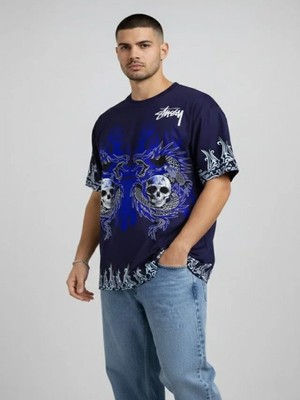 Efnaz Style Erkek Lacivert Oversize Tişört Dragon - Kuru Kafa Baskılı Bisiklet Yaka Streetwear T-Shirt - Lacivert