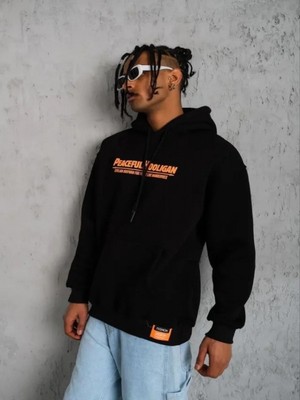 Efnaz Style Erkek Armalı Baskılı Kapüşonlu Sweatshirt - Siyah
