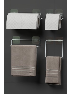 PremiumPort Krom Gümüş 4 Parça Yapışkanlı Banyo ve Mutfak Seti