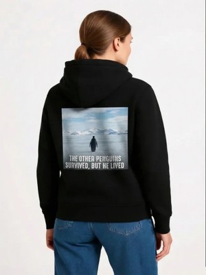 Efnaz Style Oversize Hoodie - Sırt Baskılı Survivor Penguin Temalı, Felsefi Yazılı Kapüşonlu Sweatshirt - Siyah