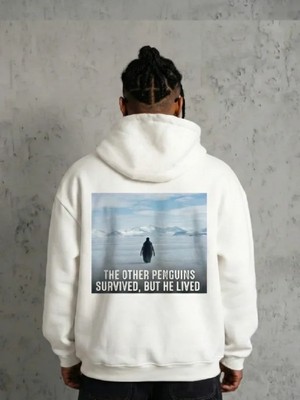 Efnaz Style Siyah Oversize Hoodie - Sırt Baskılı Survivor Penguin Temalı, Felsefi Yazılı Kapüşonlu Sweatshirt - Beyaz