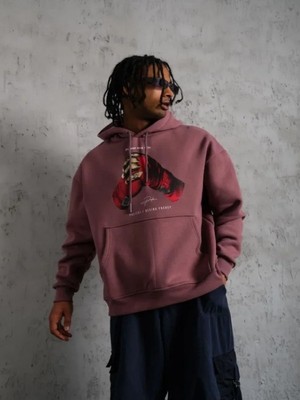 Efnaz Style Erkek Eldiven Baskılı Kapüşonlu Sweat - Gül Kurusu