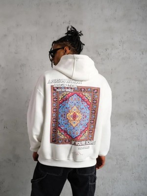 Efnaz Style Erkek Kilim Desen Kapüşonlu Sweat- Beyaz