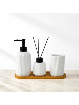 PremiumPort 3 Parça Banyo Seti Seramik Çizgili Sabunluk Diş Fırçalık Oda Kokusu