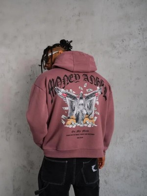 Efnaz Style Erkek Kordon Ipli Baskılı Kapüşonlu Sweatshirt - Gül Kurusu