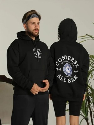 Efnaz Style Erkek Sırt Baskılı Oversize Üç Iplik Kapüşonlu Hoodie Sweatshirt - Siyah