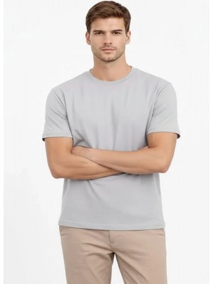 Efnaz Style Erkek Bisiklet Yaka Tişört Regular Kalıp Basic Pamuklu Günlük Kullanım T-Shirt - Gri